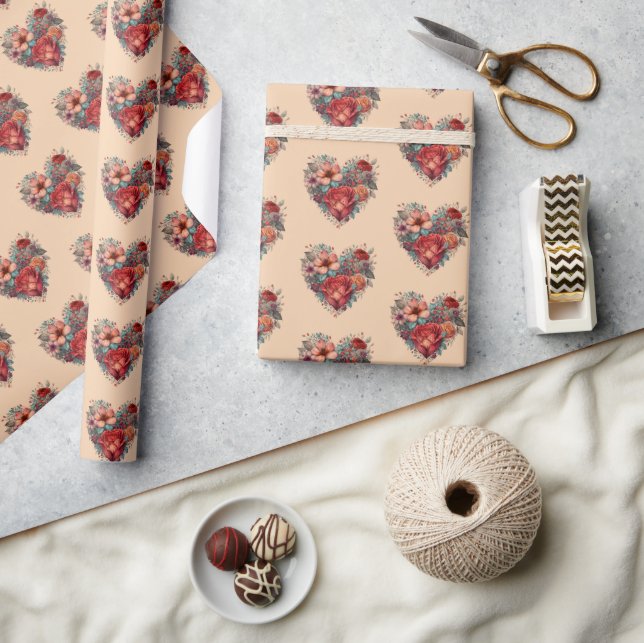 Valentines Day Vintage Heart and Flowers  Wrapping Paper (Crafts)