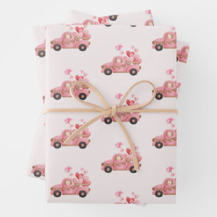 Valentine's Day Vintage Pink Truck and Balloons Wrapping Paper Sheets