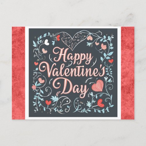 Valentines Day Vintage Script Red Heart Floral Postcard