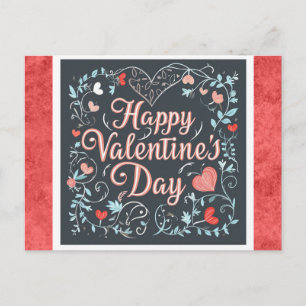 Valentines Day Vintage Script Red Heart Floral Postcard