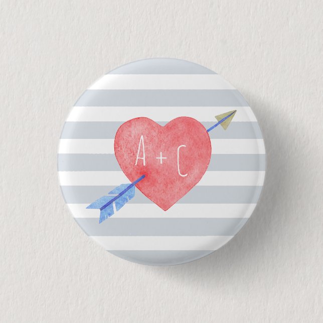 Valentine's Day Watercolor Heart Arrow Stripes Button (Front)