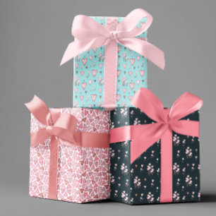 Valentine's Day Watercolor Hearts Flowers Pattern  Wrapping Paper Sheets