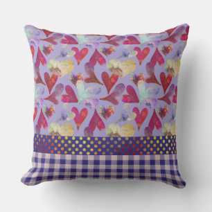 Valentine's Day Watercolor Hearts Purple Plaid Throw Pillow