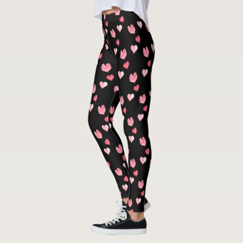 Valentines Day Watercolor pink hearts on black  Leggings
