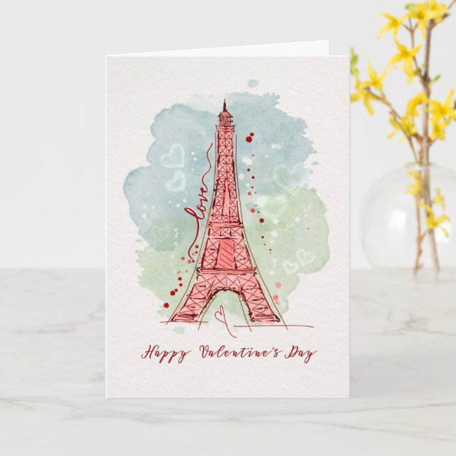 Valentine's Day Watercolor Sketchy Doodle Eiffel  Card (Yellow Flower)