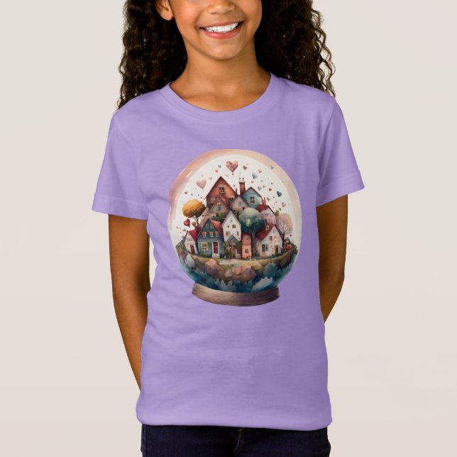 Valentines Day Watercolor Village Snowglobe T-Shirt (Front)