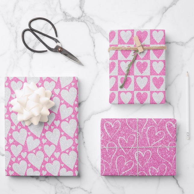 Valentine's Day Wedding Pink White Glitter Hearts Wrapping Paper Sheets (Front)