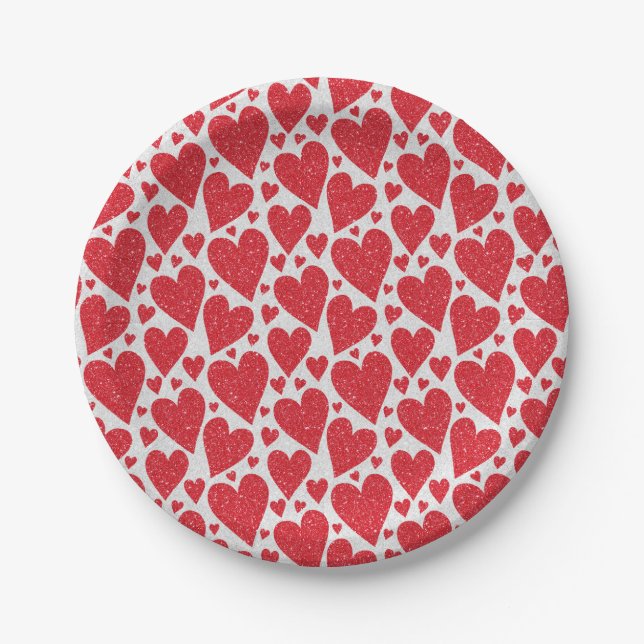 Valentine's Day Wedding Red White Glitter Hearts  Paper Plates (Front)