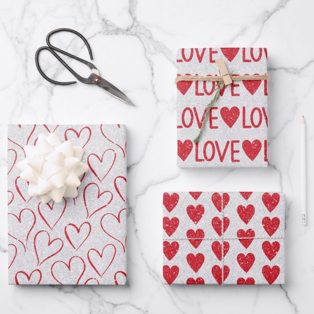 Valentine's Day Wedding Red White Glitter Hearts Wrapping Paper Sheets (Front)