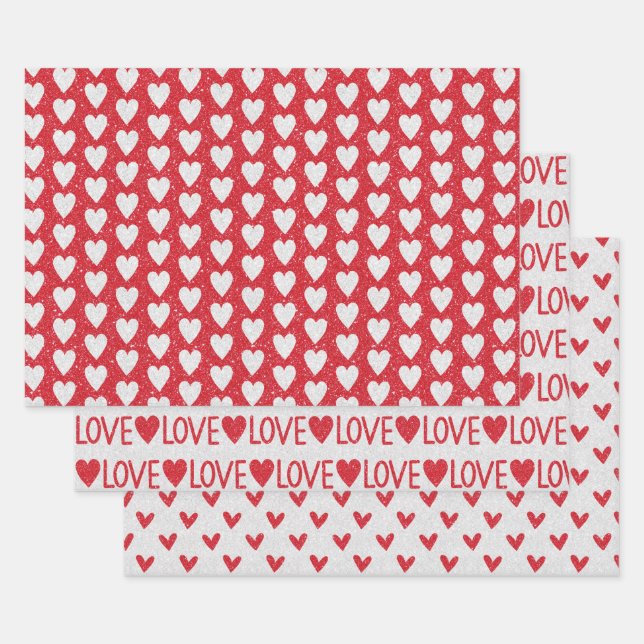 Valentine's Day Wedding Red White Glitter Hearts Wrapping Paper Sheets (Set)