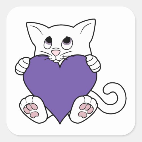 Valentines Day White Cat with Purple Heart Square Sticker