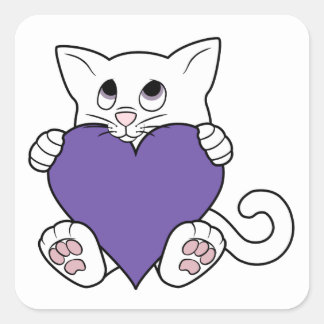 Valentine's Day White Cat with Purple Heart Square Sticker