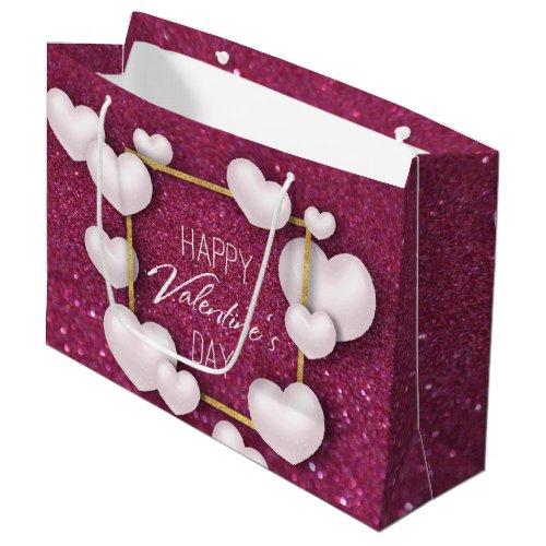 Valentines Day White Heart Glitter Large Gift Bag