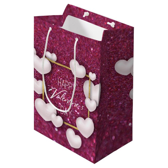 Valentines Day White Heart Glitter Medium Gift Bag (Front Angled)
