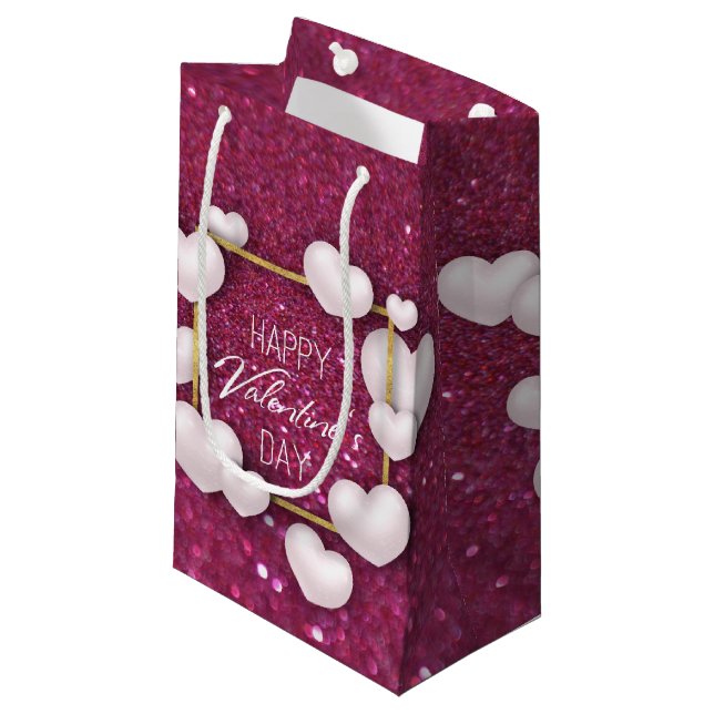 Valentine's Day White Heart Glitter Small Gift Box Bag (Front Angled)