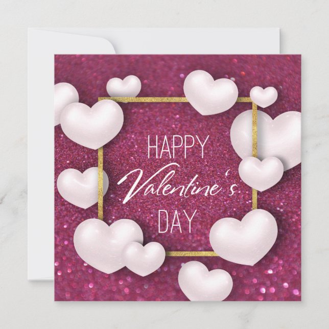 Valentine's Day White Hearts Glitter - Card (Front)