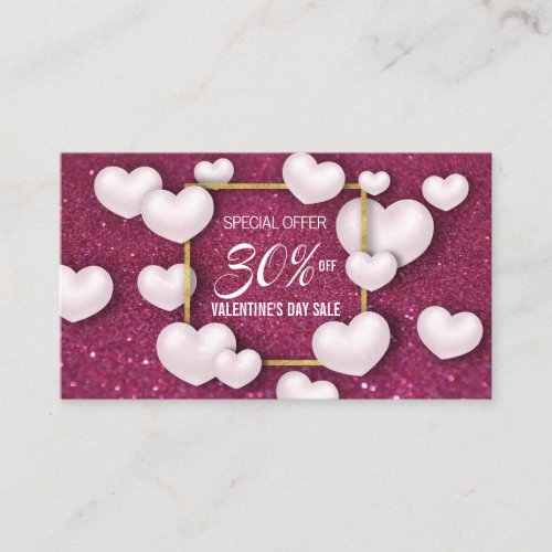 Valentines Day White Hearts Glitter Discount Card