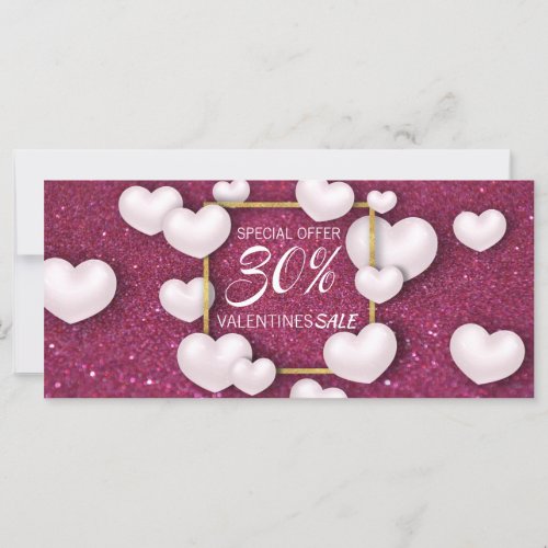 Valentines Day White Hearts Glitter Discount Card