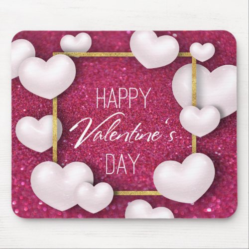 Valentines Day White Hearts Glitter _ Mousepad