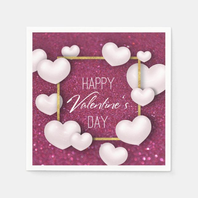 Valentine's Day White Hearts Glitter Paper Napkin (Front)