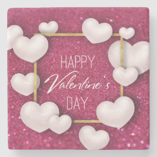 Valentine's Day White Hearts Glitter Stone Coaster