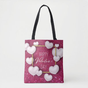 Valentine's Day White Hearts Glitter - Tote Bag