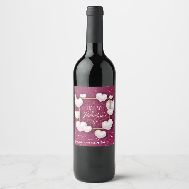 Valentine's Day White Hearts Glitter - Wine Label (Front)