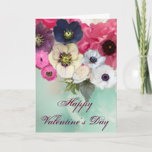 VALENTINES DAY WHITE PINK ROSES ANEMONE FLOWERS HOLIDAY CARD