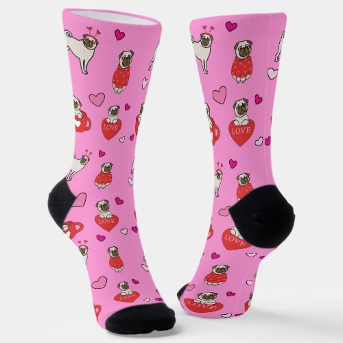 Valentines Day White PUG Pink Doggy Dog Hearts Socks