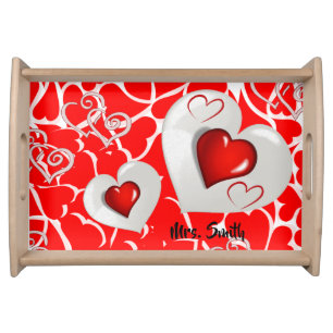 Valentines day white red hearts serving tray