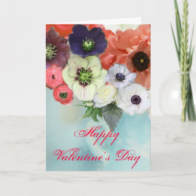 VALENTINE'S DAY WHITE RED ROSES, ANEMONE FLOWERS HOLIDAY CARD (Front)