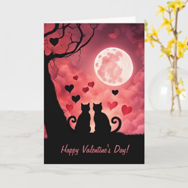 Valentines Day with Cats Moon Hearts Card (Yellow Flower)