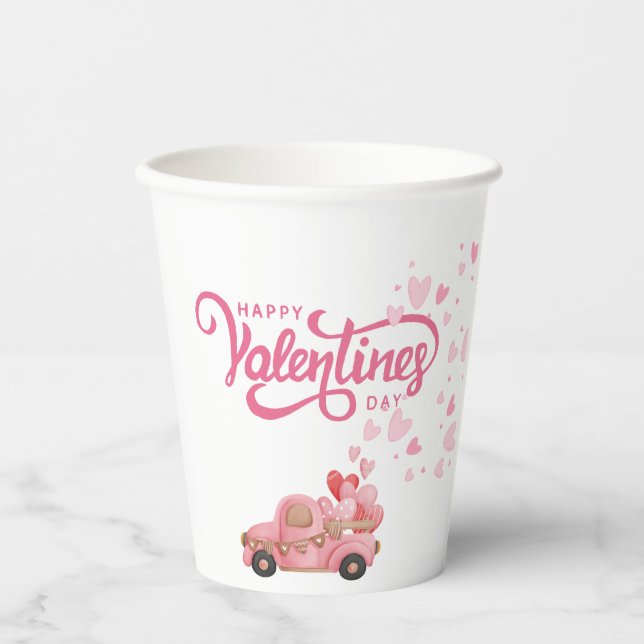 Valentines Day with Pink Hearts Holiday card Paper Cups (Front)