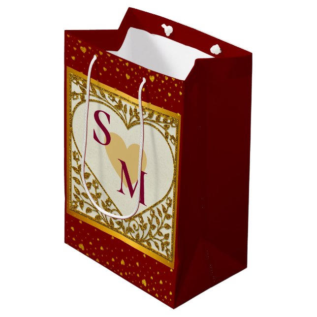 Valentine's Day with Red Initial and Gold Heart Medium Gift Bag (Front Angled)