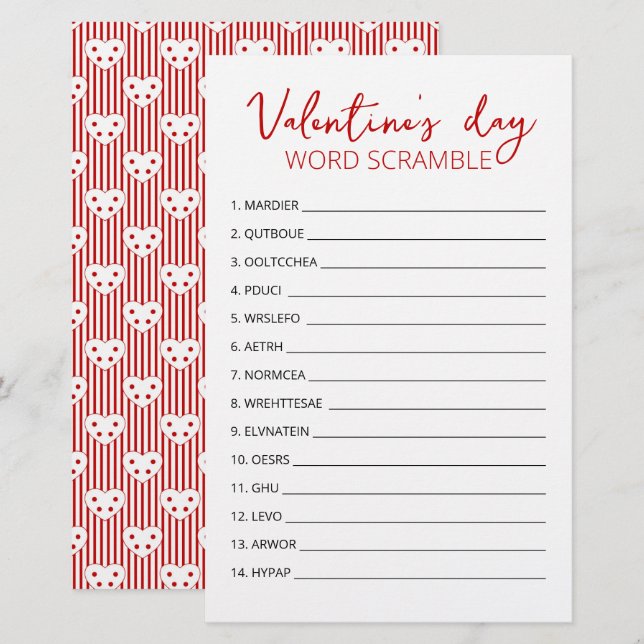 Valentine's day Word Scramble Game party game (Front/Back)