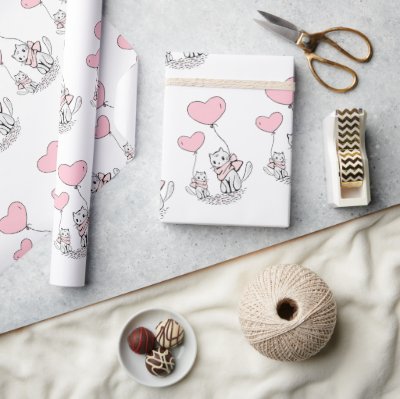 Valentine&#39;s Day Wrapping Paper Cat Pink Hearts