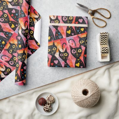 Valentine&#39;s Day Wrapping Paper Cats Hearts
