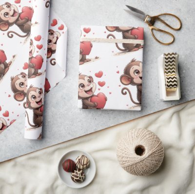 Valentine&#39;s Day Wrapping Paper Monkey Red Hearts