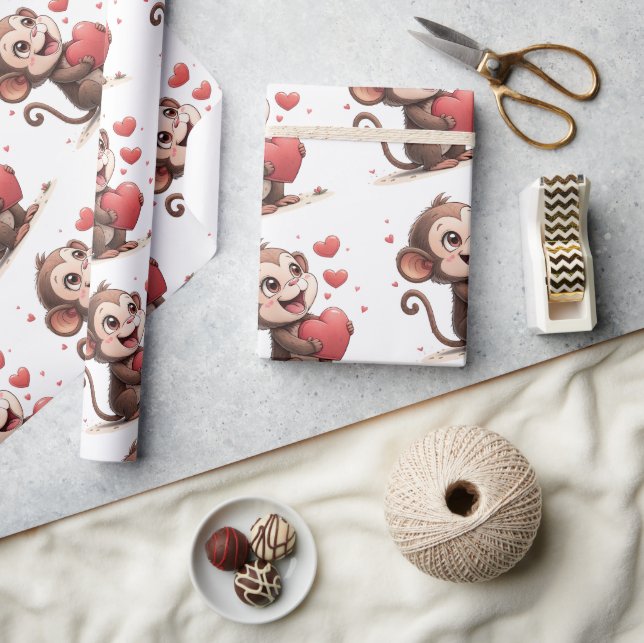 Valentine's Day Wrapping Paper Monkey Red Hearts (Crafts)