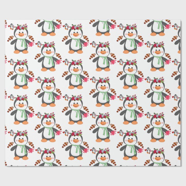 Valentine's Day Wrapping Paper Penguin Fish (Flat)