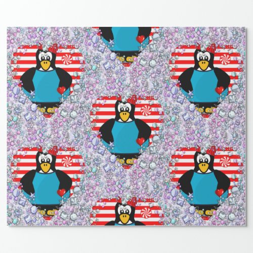Valentines Day Wrapping Paper Penguin Hearts