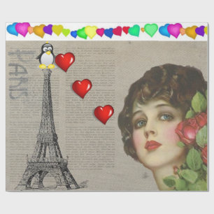 Valentine's Day Wrapping Paper Penguin Hearts