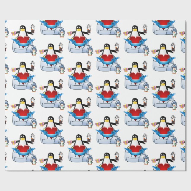 Valentine's Day Wrapping Paper Penguin Hearts (Flat)