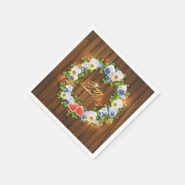 Valentine's Day Wreath on Wooden Background Paper Napkins (Corner)