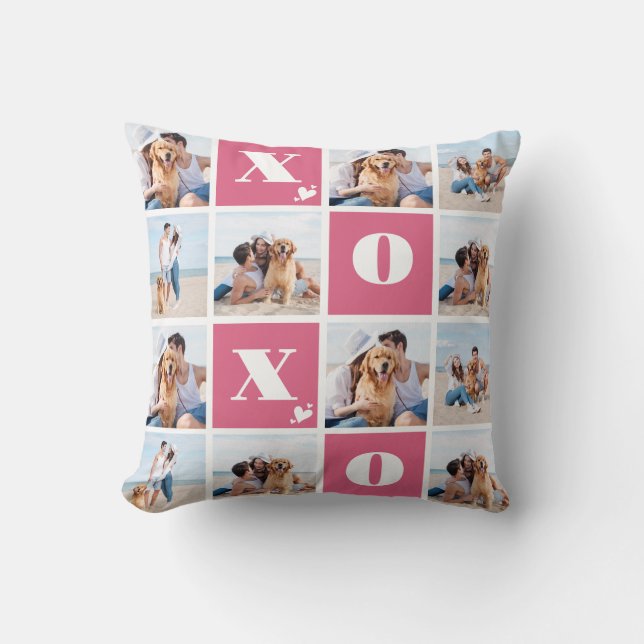 Valentines Day XOXO Modern Pink 12 Photo Collage Throw Pillow (Front)