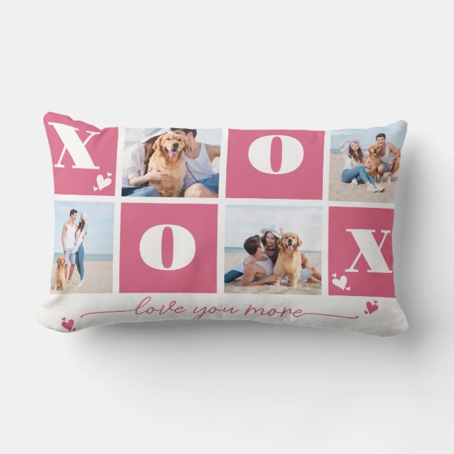 Valentines Day XOXO Modern Pink 4 Photo Collage Lumbar Pillow (Front)