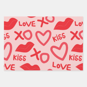 Valentines Day XOXO with Red Hearts and Lips Wrapping Paper Sheets