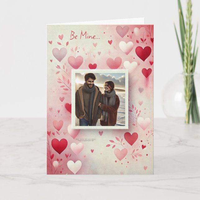Valentine's Day Your Photo Hearts Foliage Red Pink Holiday Card (Front)