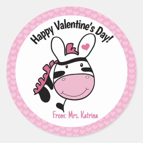 Valentines Day Zebra Cute Pink Hearts Classic Round Sticker