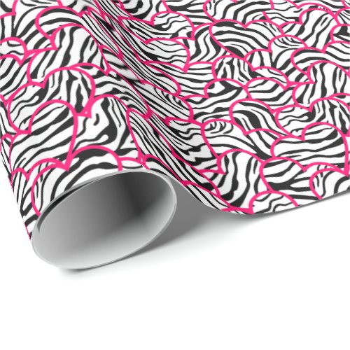 Valentines Day Zebra Hearts Pattern Pink Outline Wrapping Paper